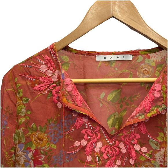 Cabi Silk Top Womens Small Embellished Fairy Floral Sheer Embroidered Boho Flowy - Picture 2 of 11